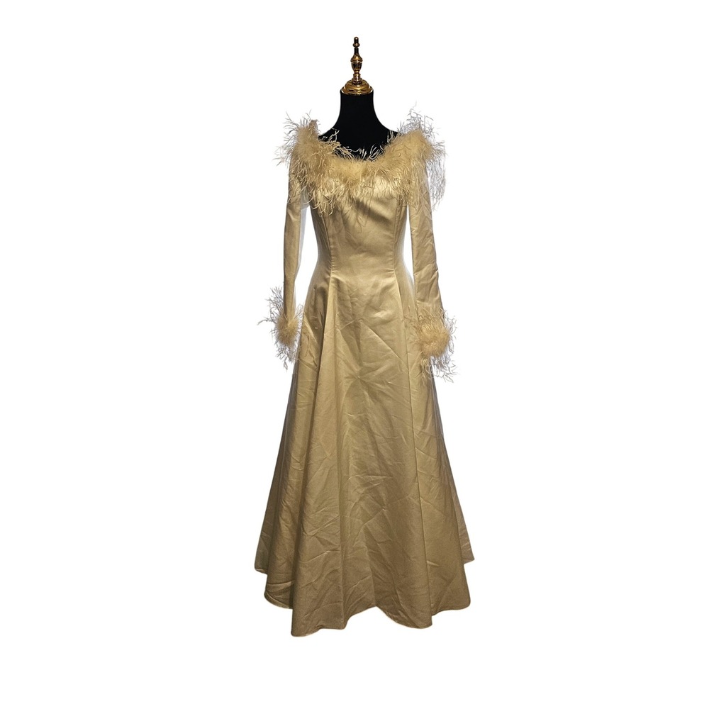 Dante Ronald Joyce Ivory Feather Trim Long Sleeve Button Back Gown Size 14‎